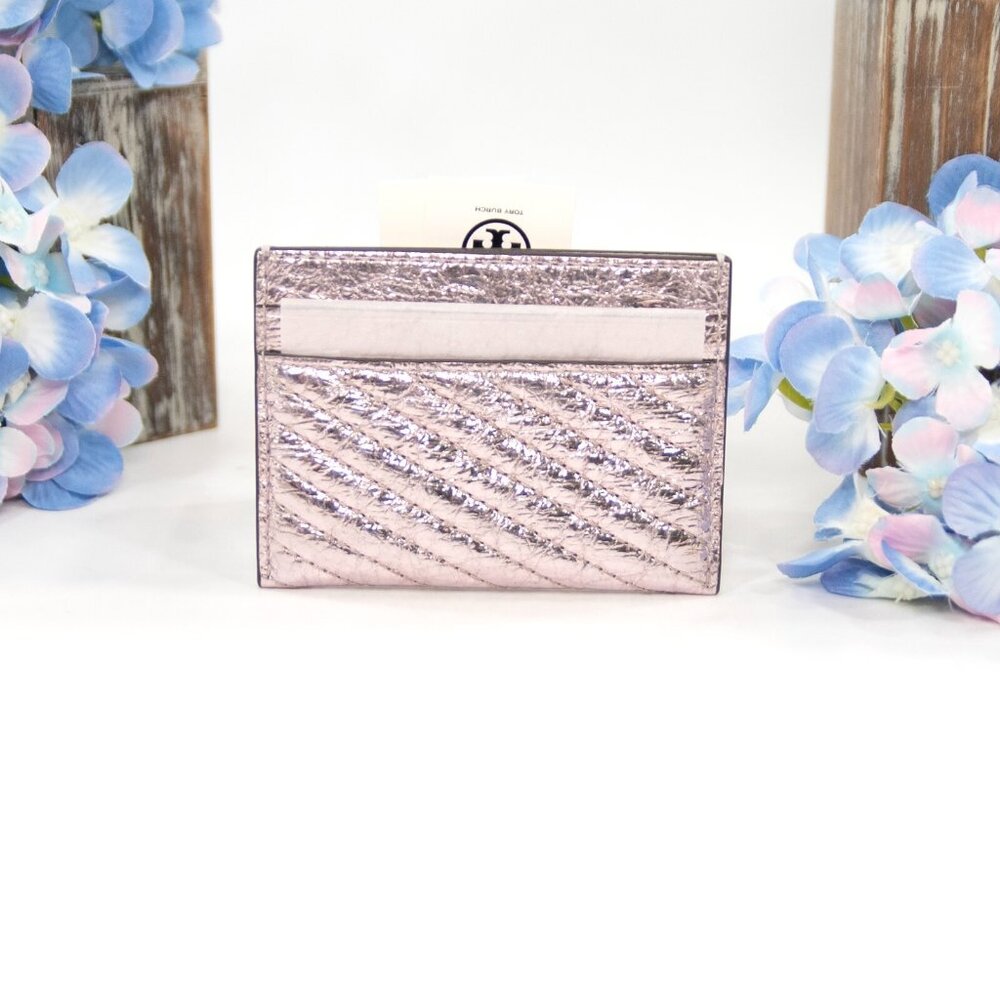 Tory Burch Sparkle Pink Leather Kira Quilted Logo Card Case Mini Wallet NWT - Picture 3 of 5